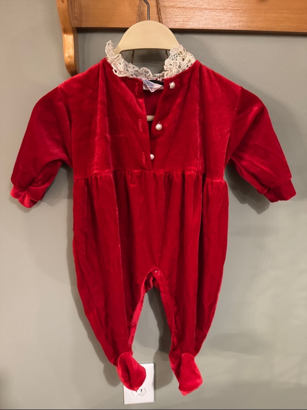 Vintage Red Velvet Baby Footed Romper with Lace Collar